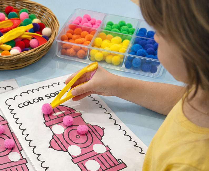 color sorting activity at the table