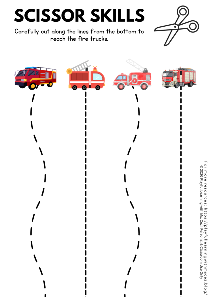 Scissor Skills Practice for Early Learners + Free Printables fire station scissor skills